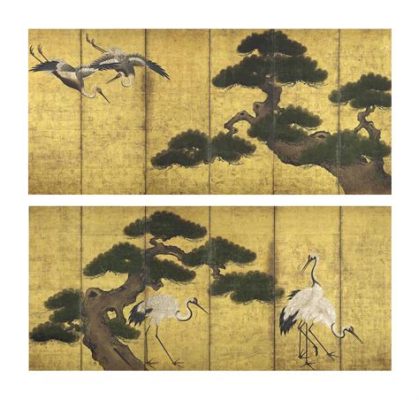 Folding Screen with Cranes and Pine Trees - An Expressionistic Dance of Nature and Symbolism!